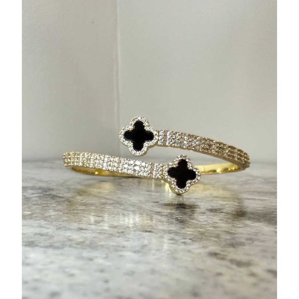 Gold Clover Rhinestone Cuff Bracelet